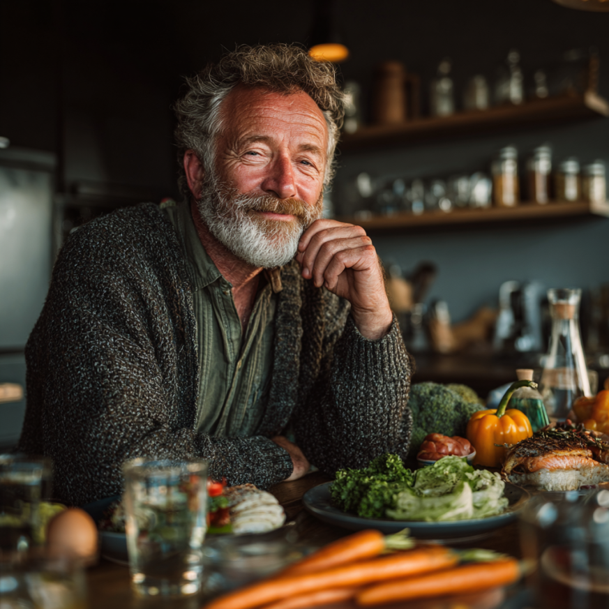 Senior fericit planificând masa